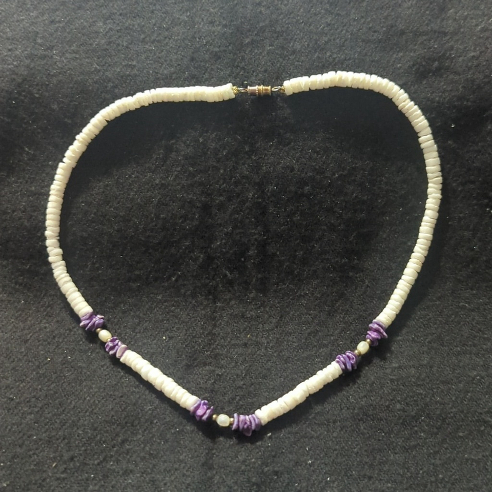 Vintage White Heshi Shell Beaded and Purple Shell Chip Statement Necklace